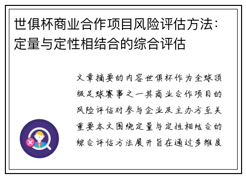 世俱杯商业合作项目风险评估方法：定量与定性相结合的综合评估