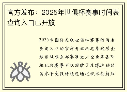 官方发布：2025年世俱杯赛事时间表查询入口已开放