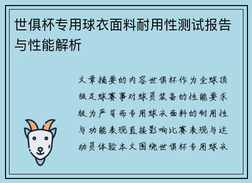 世俱杯专用球衣面料耐用性测试报告与性能解析