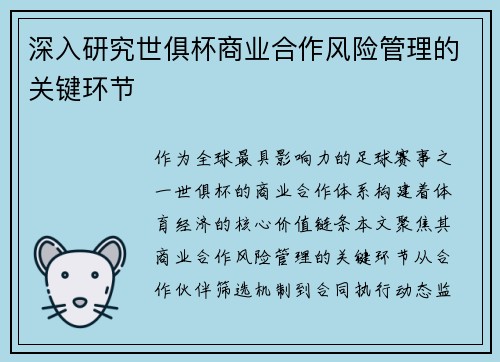 深入研究世俱杯商业合作风险管理的关键环节